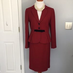 Tahari Red suit w black velvet buttons and bow